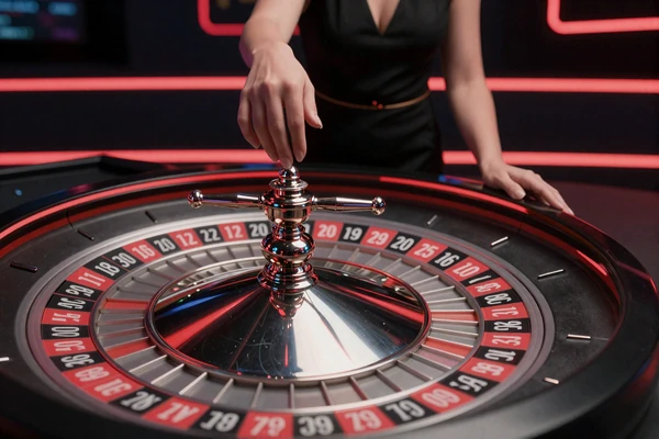 Live-Roulette-Rad mit rot-schwarzen Zahlen und Neon-Beleuchtung im 1Go Live Casino