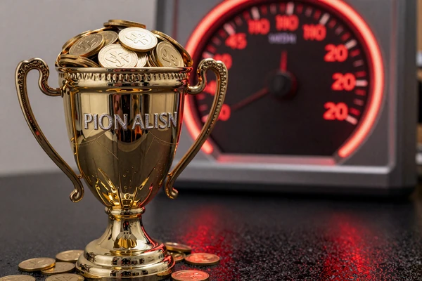 Goldene Jackpot-Troph&auml;e mit M&uuml;nzen vor digitalem Speedometer-Display im 1Go Casino