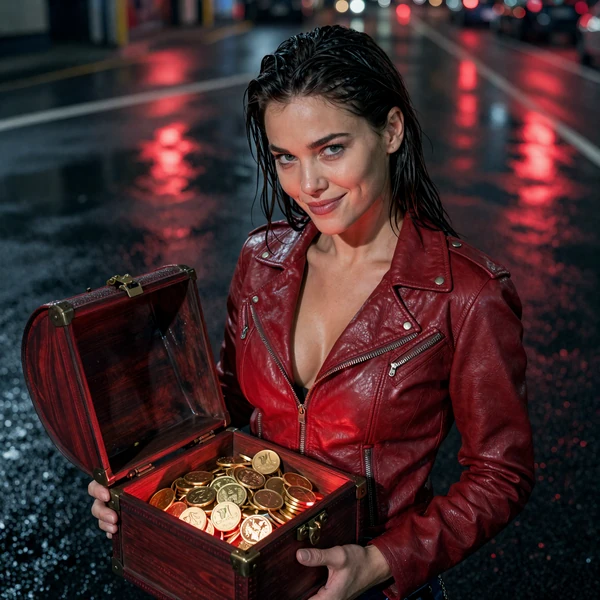 Gewinnerin mit Jackpot-Troph&auml;e vor neonrotem Hintergrund