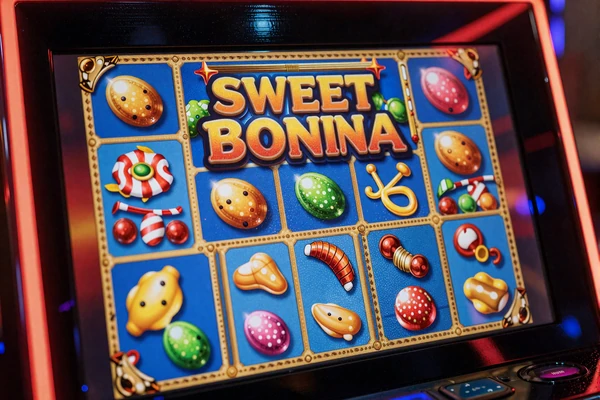 Bunter Slot-Bildschirm mit Hochvolatilit&auml;ts-Symbolen unter rotem Neonlicht im 1Go Casino